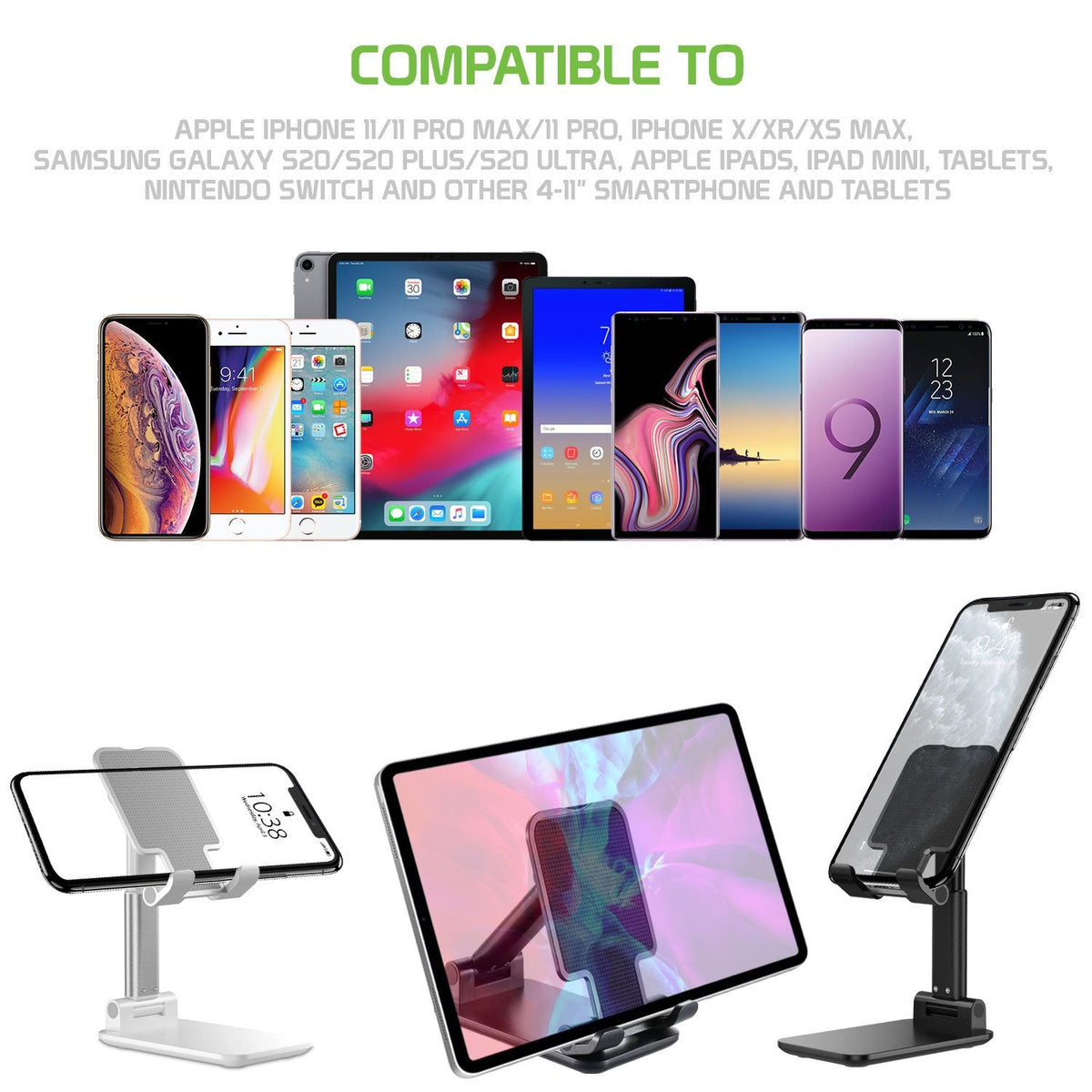PH60BK -   Adjustable Desktop Smartphone and Tablet Stand with Non-Slip Rubberized Grips and Weighted Base Compatible to Smartphones, Tablets, iPads