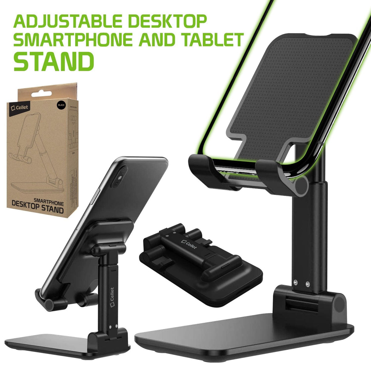 PH60BK -   Adjustable Desktop Smartphone and Tablet Stand with Non-Slip Rubberized Grips and Weighted Base Compatible to Smartphones, Tablets, iPads
