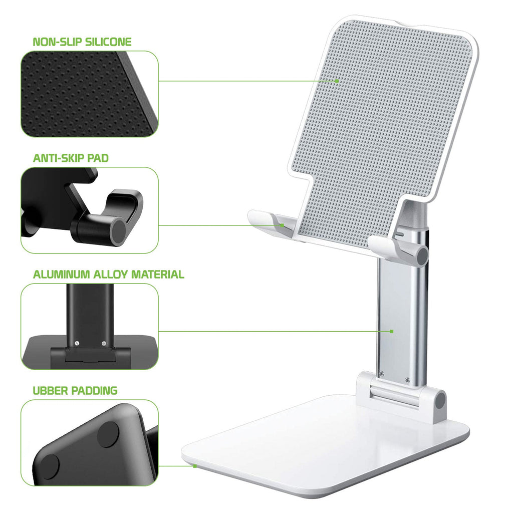 PHTAB60WT - Smartphone & Tablet Desktop Stand, Fold-able Adjustable with Non-Slip Rubberized Grips and Weighted Base -White