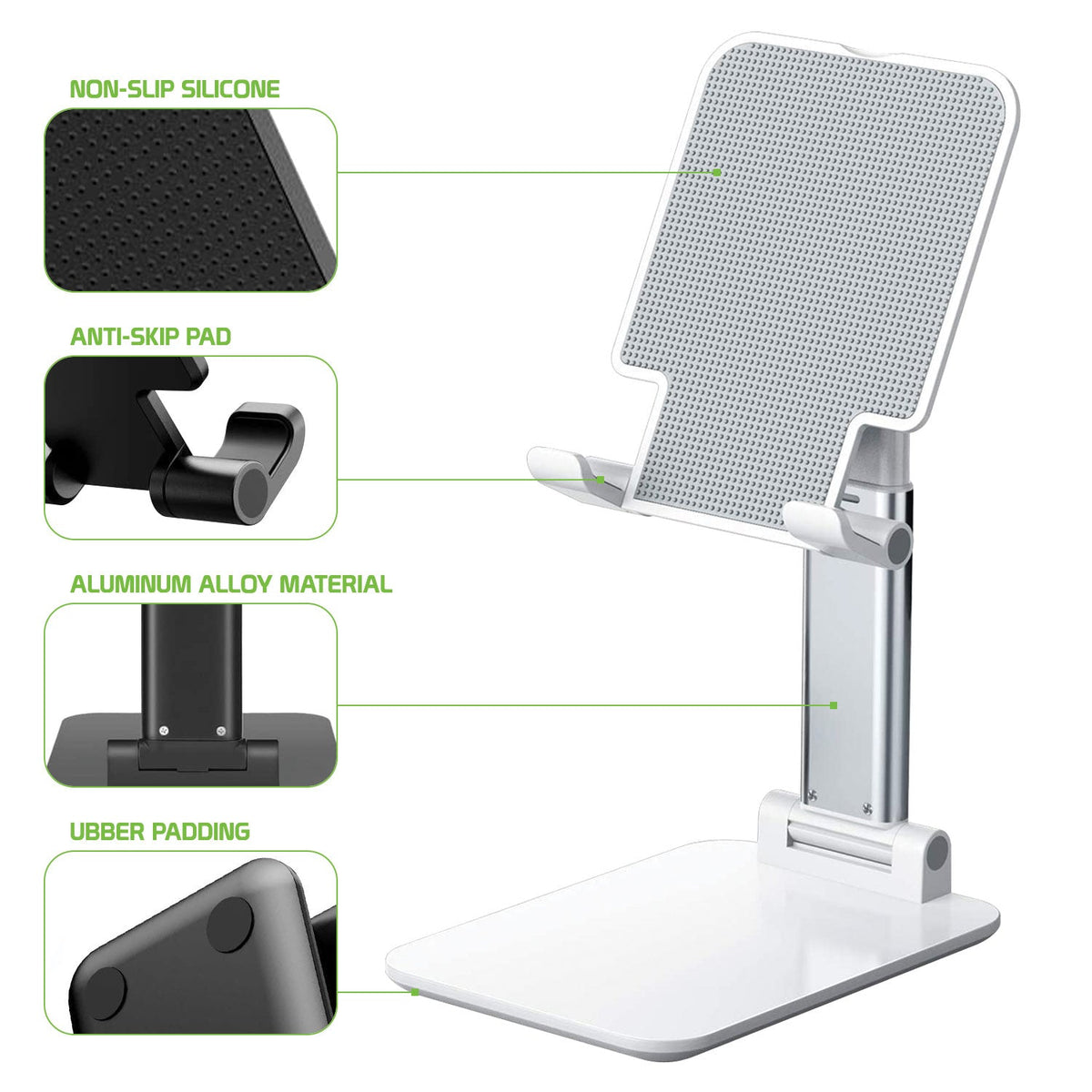 PHTAB60WT - Smartphone & Tablet Desktop Stand, Fold-able Adjustable with Non-Slip Rubberized Grips and Weighted Base -White