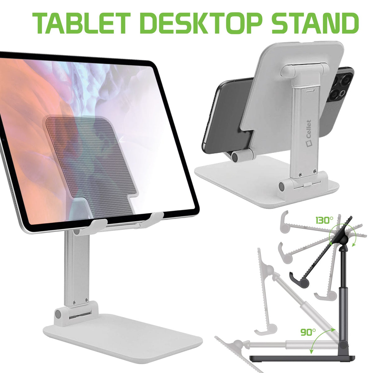 PHTAB60WT - Smartphone & Tablet Desktop Stand, Fold-able Adjustable with Non-Slip Rubberized Grips and Weighted Base -White