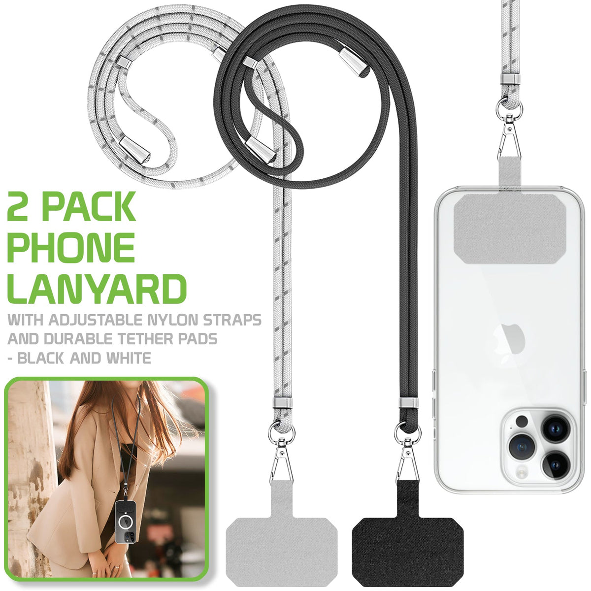 STLANY02 ~ Cellet 2-Pack Universal Phone Lanyard with Adjustable Nylon Neck Strap - Secure Tether Pad Compatible with All Smartphones - Hands-Free Carrying for Travel, Shopping, Hiking