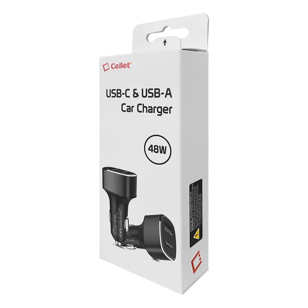 PCA48W - Cellet High Power 48W USB C & USB A Car Charger Adapter, QC 3.0 & PD Fast Charging for iPhone 15/14, Samsung Galaxy S24, iPad Pro, MacBooks, Dual Port Vehicle Lighter Plug