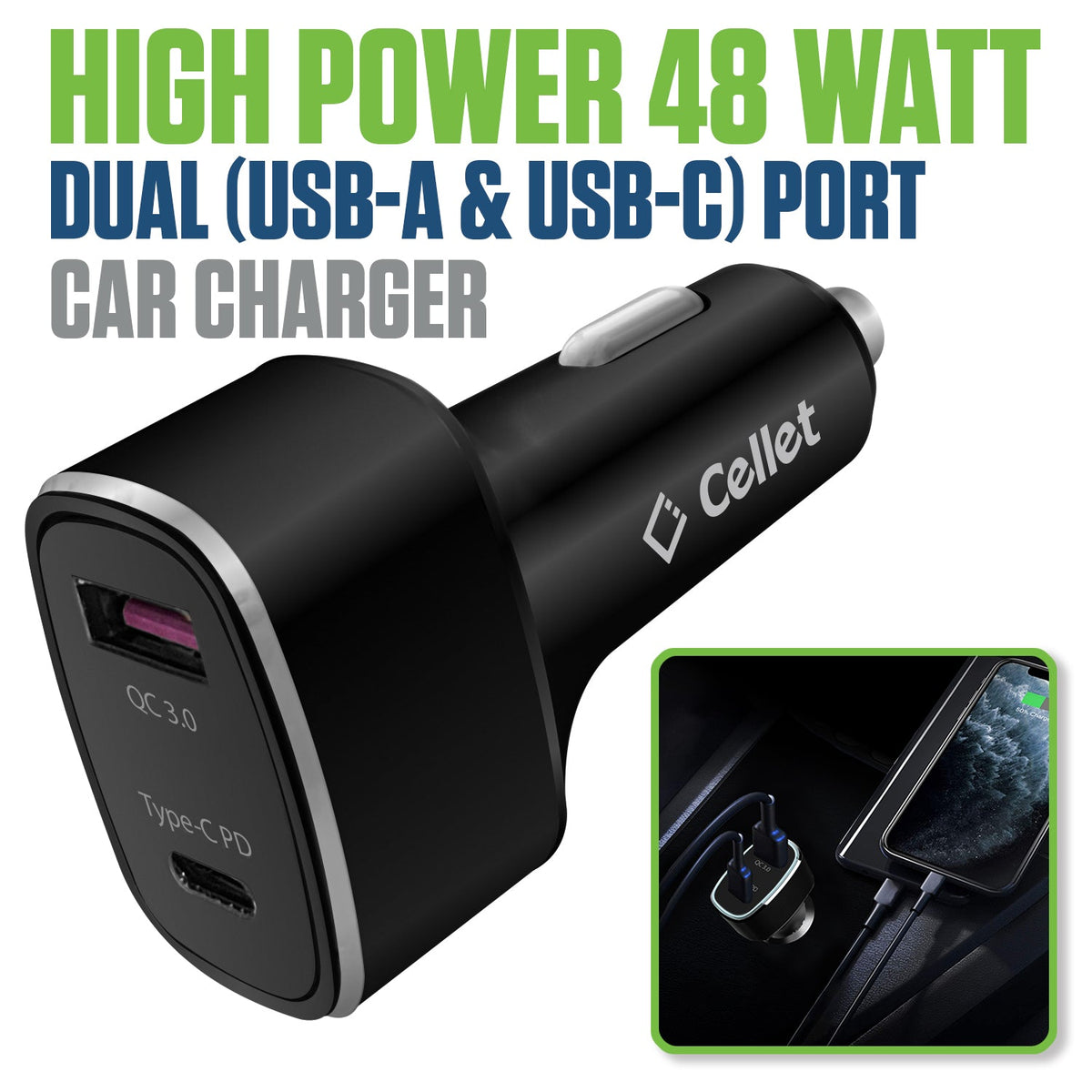 PCA48W - Cellet High Power 48W USB C & USB A Car Charger Adapter, QC 3.0 & PD Fast Charging for iPhone 15/14, Samsung Galaxy S24, iPad Pro, MacBooks, Dual Port Vehicle Lighter Plug