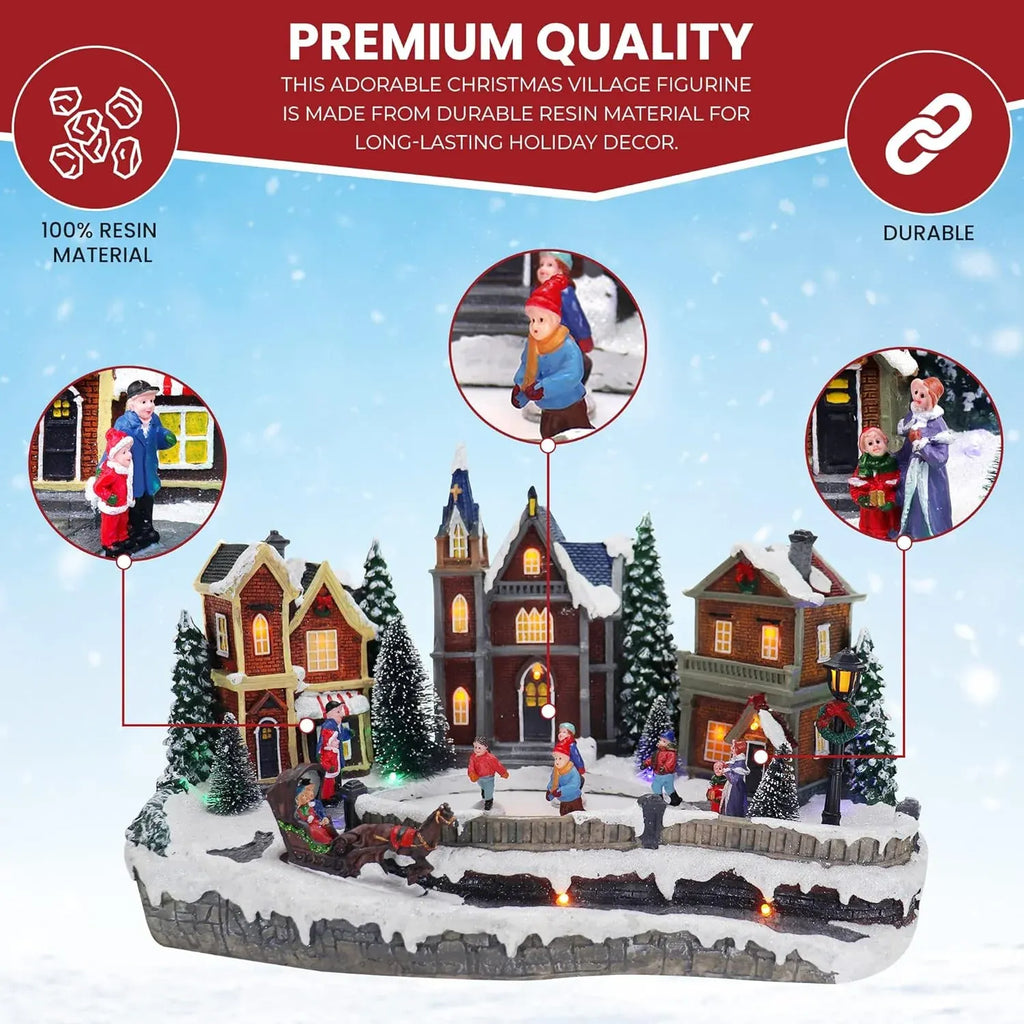 Large Animated Christmas Village Skating Town - Lighted Resin Musical Snow Scene