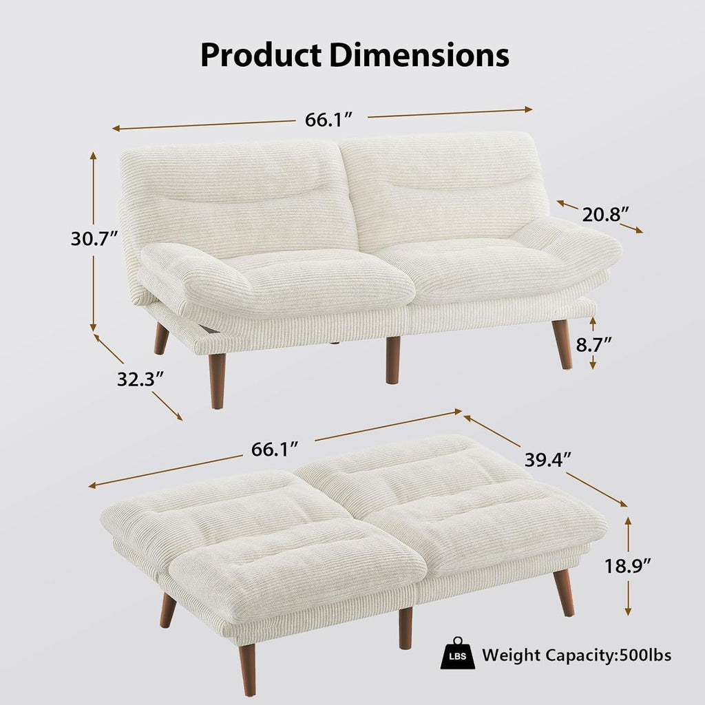 Pipishell Convertible Futon Sofa Bed,66 Corduroy Futon Couch with Adjustable Backrest and Armrests, Recliner Sleeper Sofa for Small Spaces, Play Room or Office, Grey