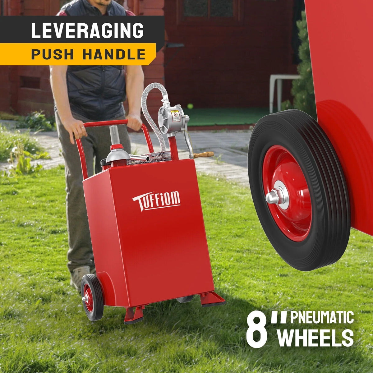 TUFFIOM 20 Gallon Gas Caddy with Wheels, Gasoline Diesel Fuel Transfer Storage Tank with Pump, Red
