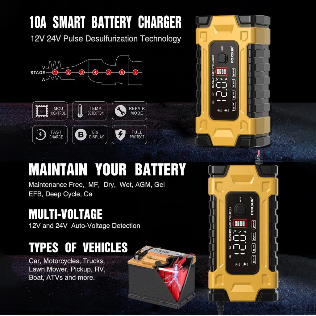 FASLMH Battery Charger 10A 24V5A Smart Automatic Car Battery Charger with LCD Screen Pulse Repair Charger Pack Battery Maintainer for Car, Lawn Mower, Motorcycle, Boat, SUV and More