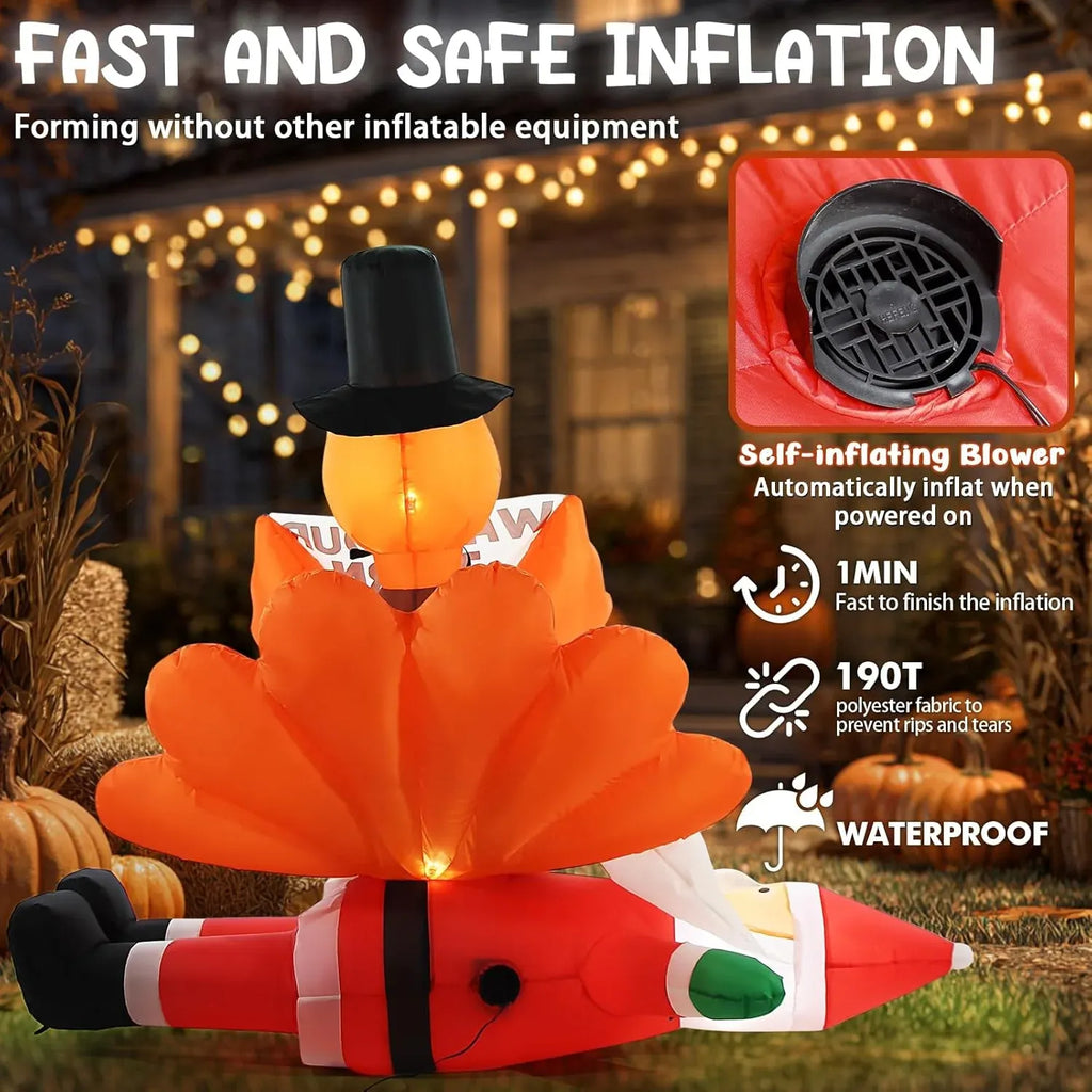 5FT Thanksgiving Turkey Inflatable Outdoor Decorations, Blow Up Turkey Sitting on Santa Claus with Sign, Built-in LED Lights Holiday DÃ©cor for Outside Lawn Garden Home Indoor