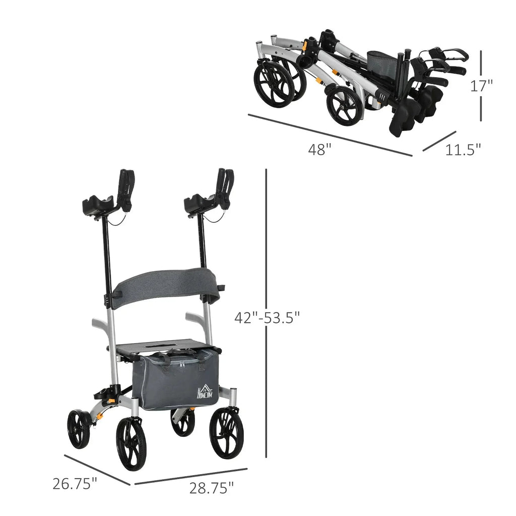 HOMCOM Aluminum Forearm Rollator Walker for Seniors and Adults with 10'' Wheels Seat and Backrest Folding Upright Walker with Adjustable Handle Height and Removable Storage Bag Silver