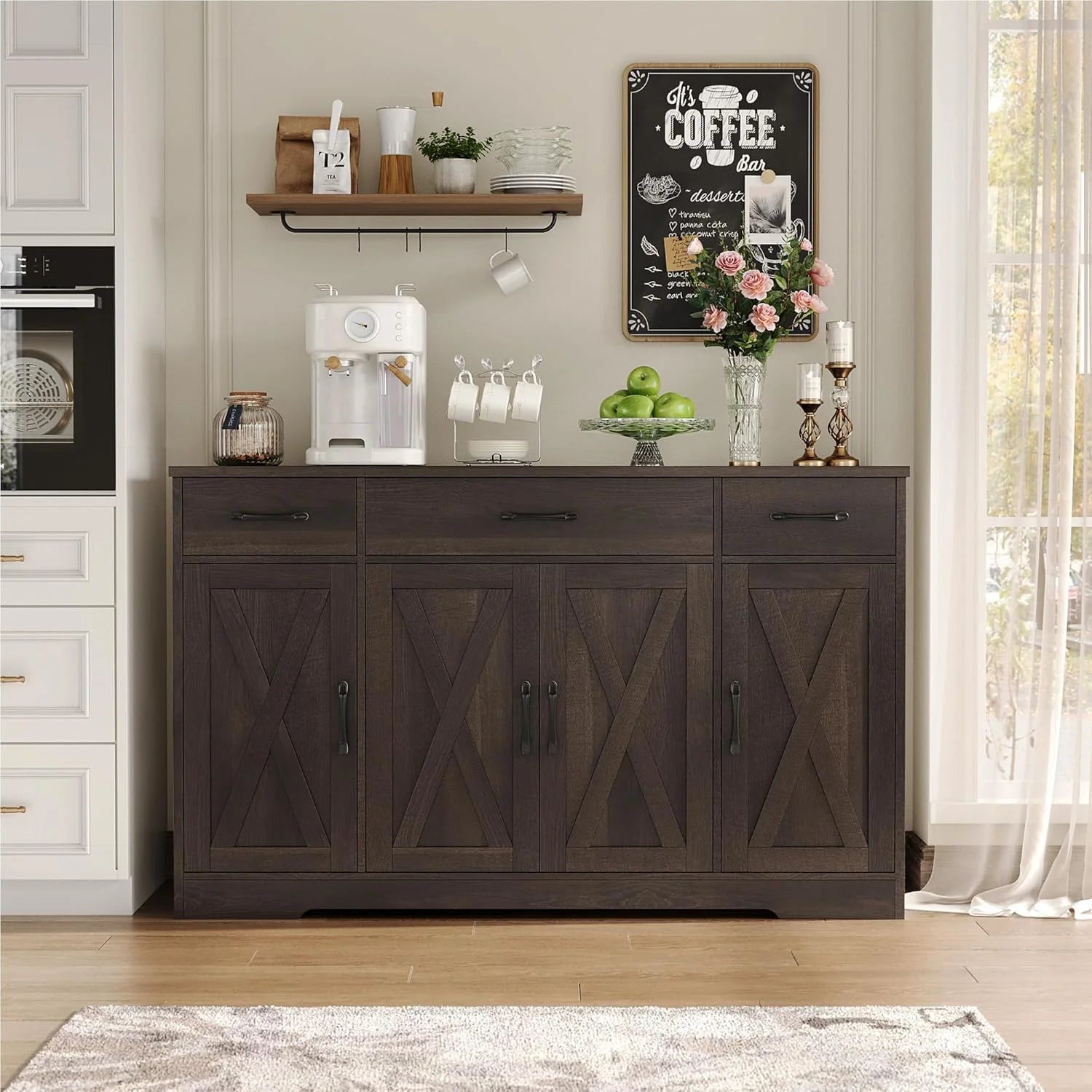 HOSTACK Buffet Cabinet with Drawers, 55 Large Sideboard Buffet Storage Cabinet with Shelves and Doors, Modern Farmhouse Coffee Bar Station Wood Kitchen Table for Kitchen, Dining Room, White/Rustic
