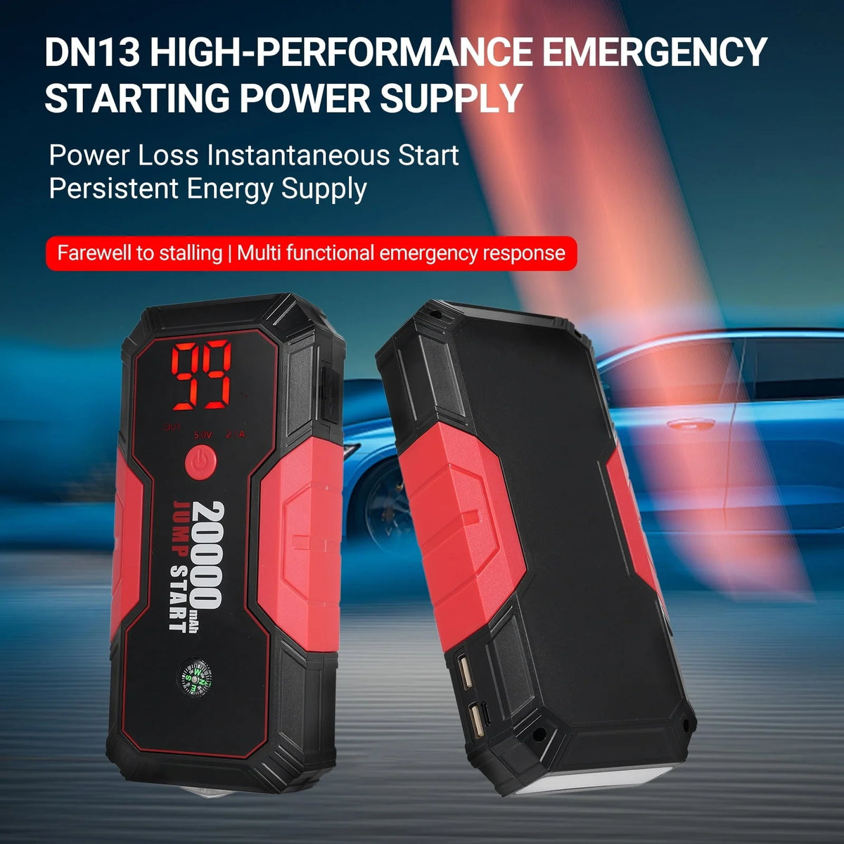 Portable 12V Auto Battery Booster by Lepmerk, DN13 Car Jump Starter, 600A Peak Current