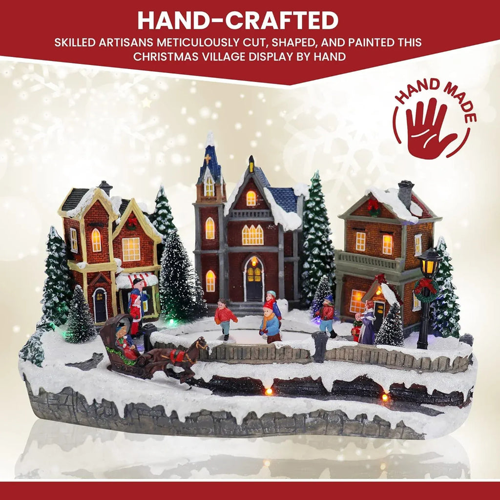 Large Animated Christmas Village Skating Town - Lighted Resin Musical Snow Scene