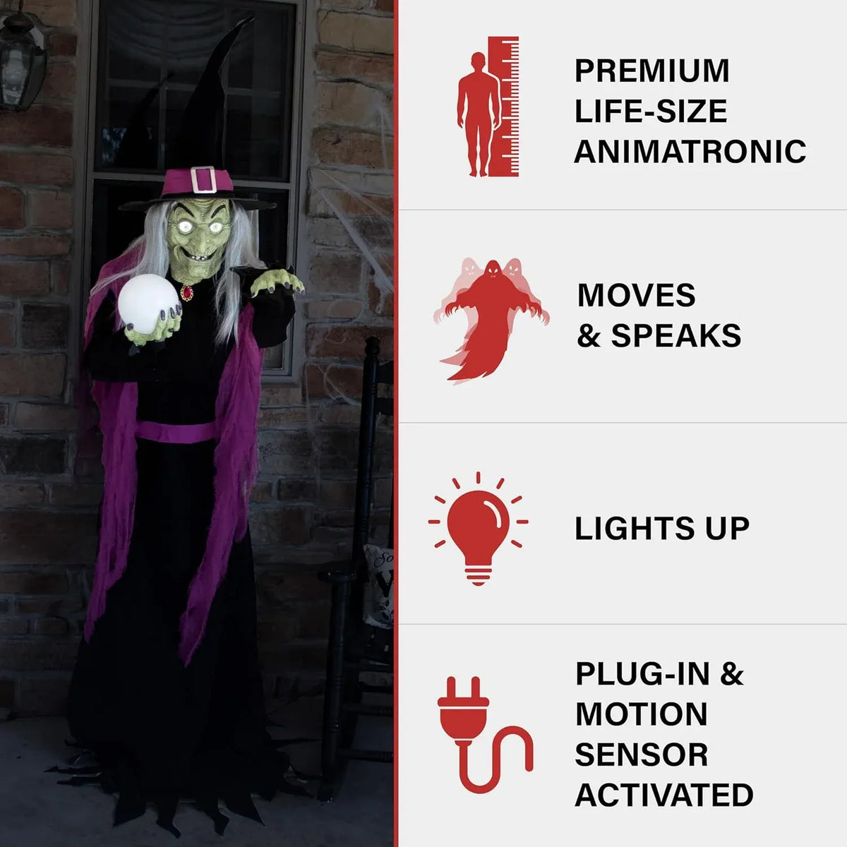 Haunted Hill Farm 6-Ft. Tall Fortune Teller Witch, Plug-in Motion-Activated Talking Scare Prop Halloween Animatronic for Indoor or Covered Outdoor Creepy Decorations