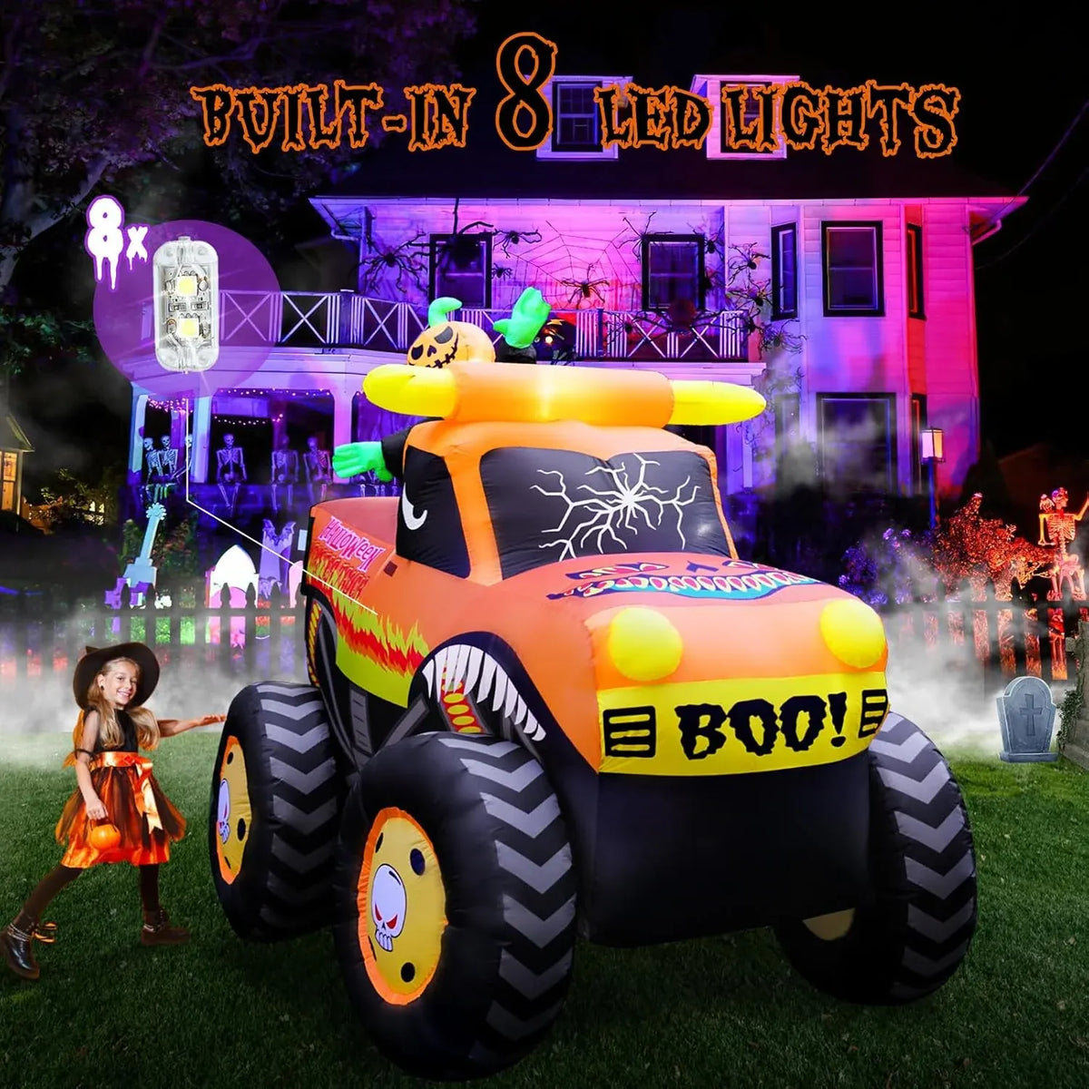 8FT Halloween Inflatable Pumpkin Monster Truck, Inflatable Vehicle Yard Decorations Built-in 8 LED for Halloween Inflatables Outdoor Decoration Home Party Supplies Lawn Halloween Decor