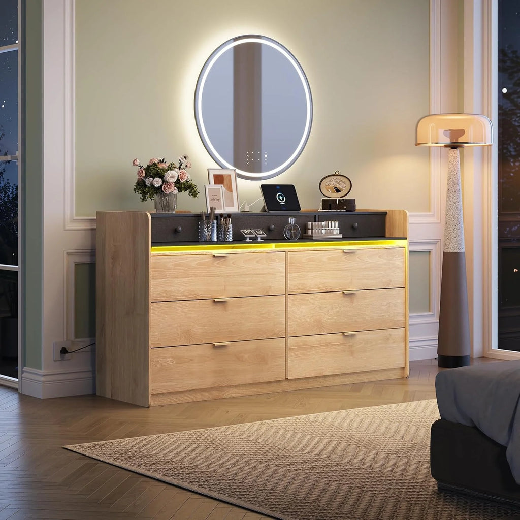 9 Drawer Led Dresser for Bedroom, 58.35'' Wide Wood Dresser Storage Organizer with Power Outlets for 65'' TV, Dressers with Open Shelves