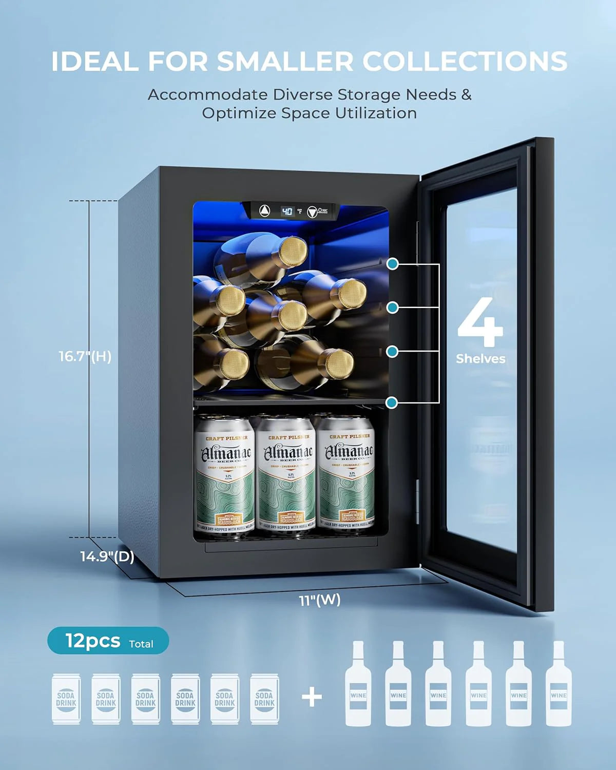 EUHOMY Beverage Refrigerator Cooler, 130 Can Mini Fridge with Glass Door for Soda Beer or Wine, Beverage Cooler for Home, Office, Bar with Adjustable Removable Shelves, Silver