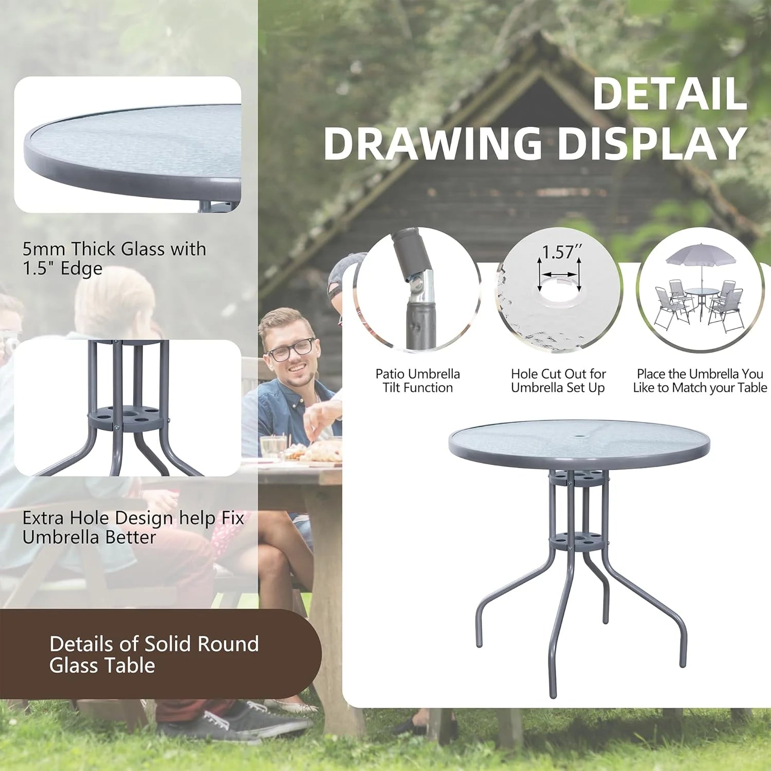 Vongrasig 6 Piece Folding Patio Dining Set,Small Metal Outdoor Garden Patio Table and Chair Set w/Umbrella for Lawn,Deck,Backyard,Black