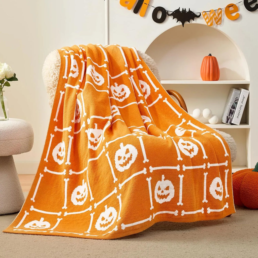 AmÃ©lie Home Halloween Throw Blanket for Couch, Reversible Pattern Pumpkin Skull Themed, Chenille Knit Stitch Pattern Soft Cozy for Bed Home Decor, 50 x 60, Pumpkin Skeleton Checkerboard