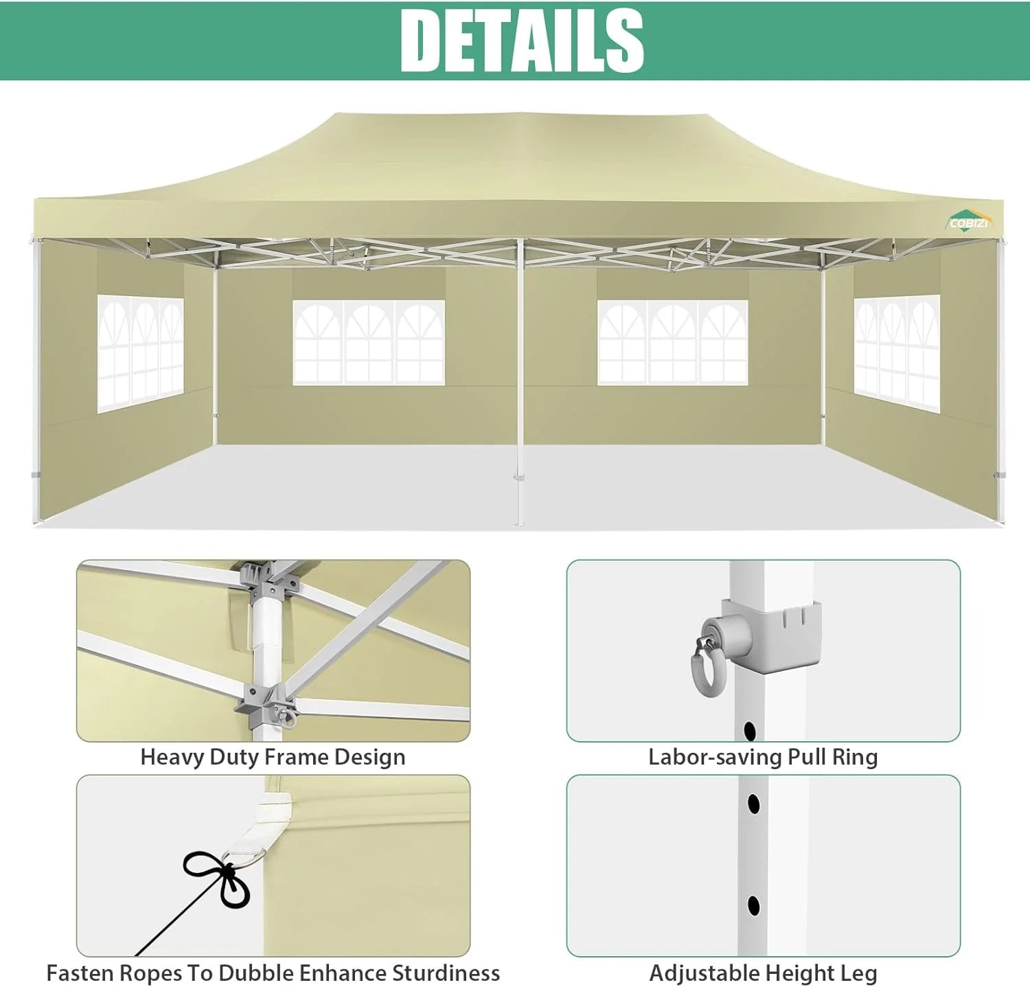 COBIZI 10x20 Heavy Duty Pop up Canopy Tent with 6 sidewalls Easy Up Commercial Outdoor Canopy Wedding Party Tents for Parties All Season Wind & Waterproof Gazebo with Roller Bag,Black(Frame Thickened)