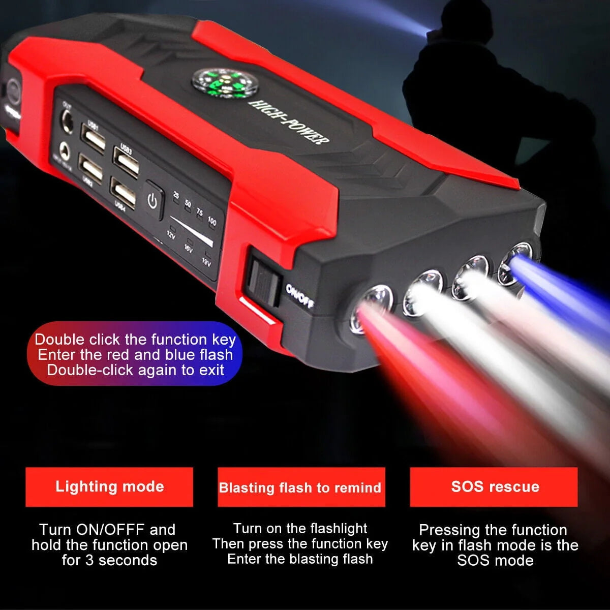 DFITO 28000mAh 12V UltraSafe Portable Jump Starter with LED Display for up to 6L Gas and 3L Diesel Engines