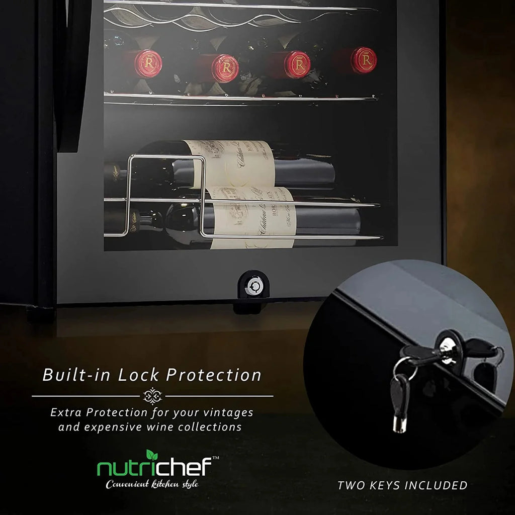 NutriChef 28 Bottle Large Compressor Wine Cooler Refrigerator Cooling System Black Glass Door