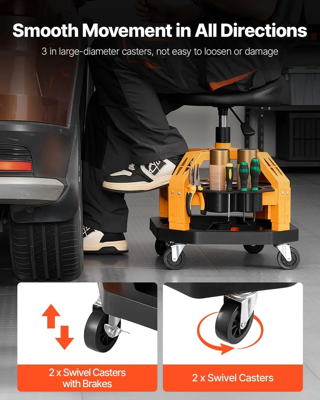 Garage Stool, Rolling Mechanic Stool with Dual Storage Trays, Pneumatic Height 23.6–29.5 in, Soft Waterproof Cushion, 360° Swivel Casters for Garage, Shop & Auto Repair