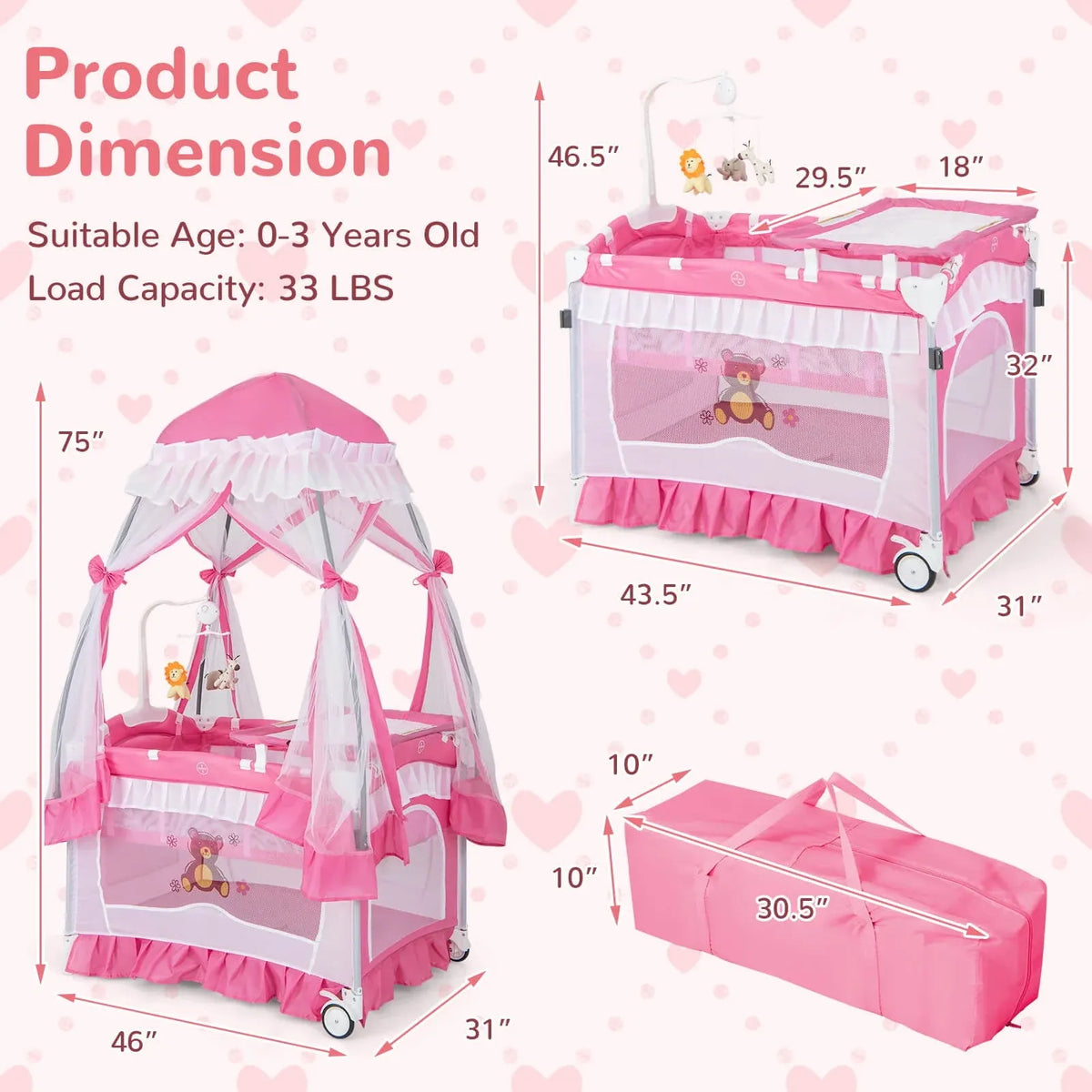 Costway Baby Playard Crib Bed 4 in 1 Portable with Changing Table Canopy Music Box Pink