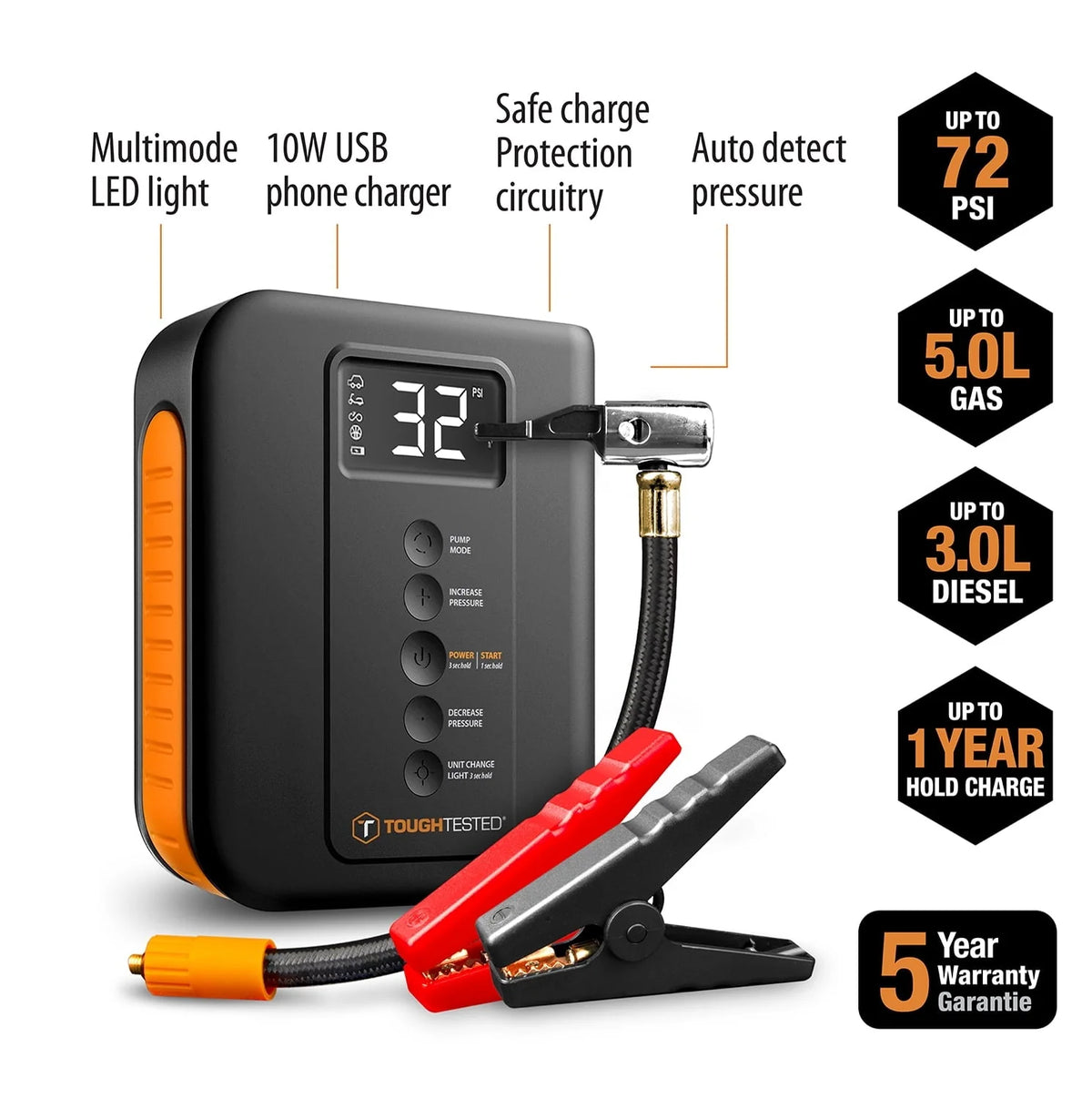 ToughTested - Vehicle Jump Starter with Air Pump Tire Inflator & Built-in Portable Charger Powerbank