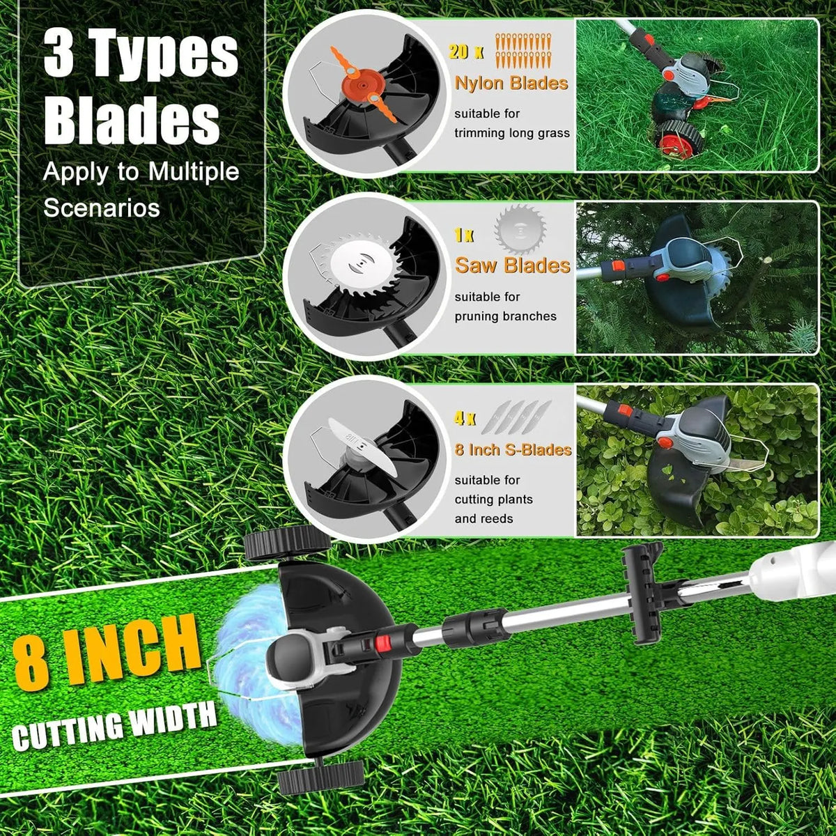 Electric Weed Wacker Cordless Eater Battery Powered, 21v Lightweight Weed Trimmer With 2 4.0Ah Battery Operated & Charger & Wheels & Shears, 3 In1 Grass Trimmer/Brush Cutter/Lawn Edger for Yard Garden