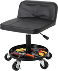 Rolling Shop Stool w/ 3 Locking Swivel Wheels, 300LB Capacity, 18-22 Height Adjustable with Soft Cushion & Tool Tray, Telescoping Mechanic Seat for Garage, Auto Repair, Heavy-Duty, Black