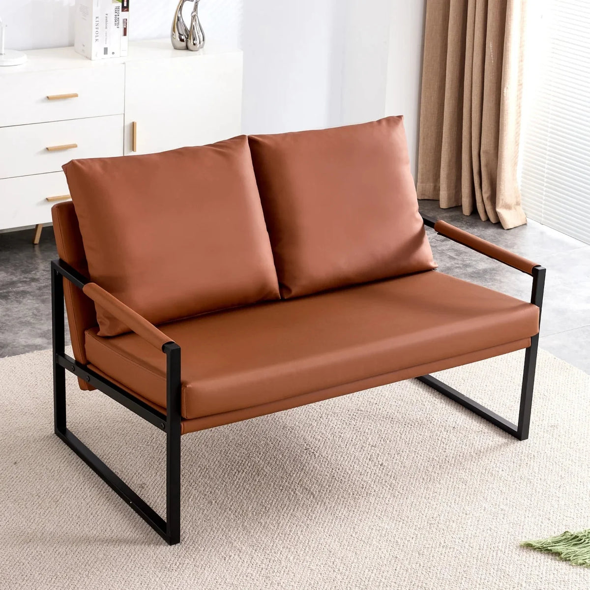 Modern Two-Seater Sofa Chair with 2 Pillows - PU Leather High-Density Foam Black Coated Metal Frame.Brown SF-D008