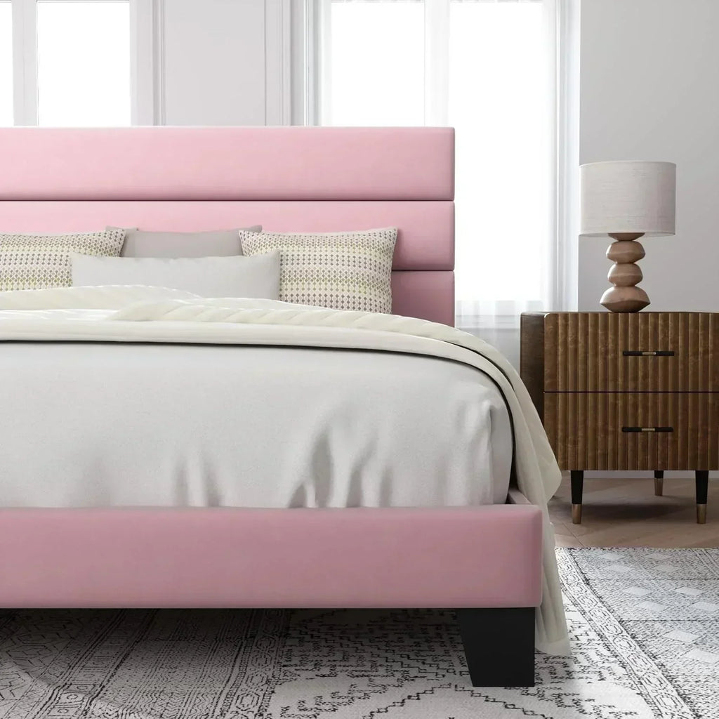 Allewie King size platform bed frame with velvet upholstered headboard and planks