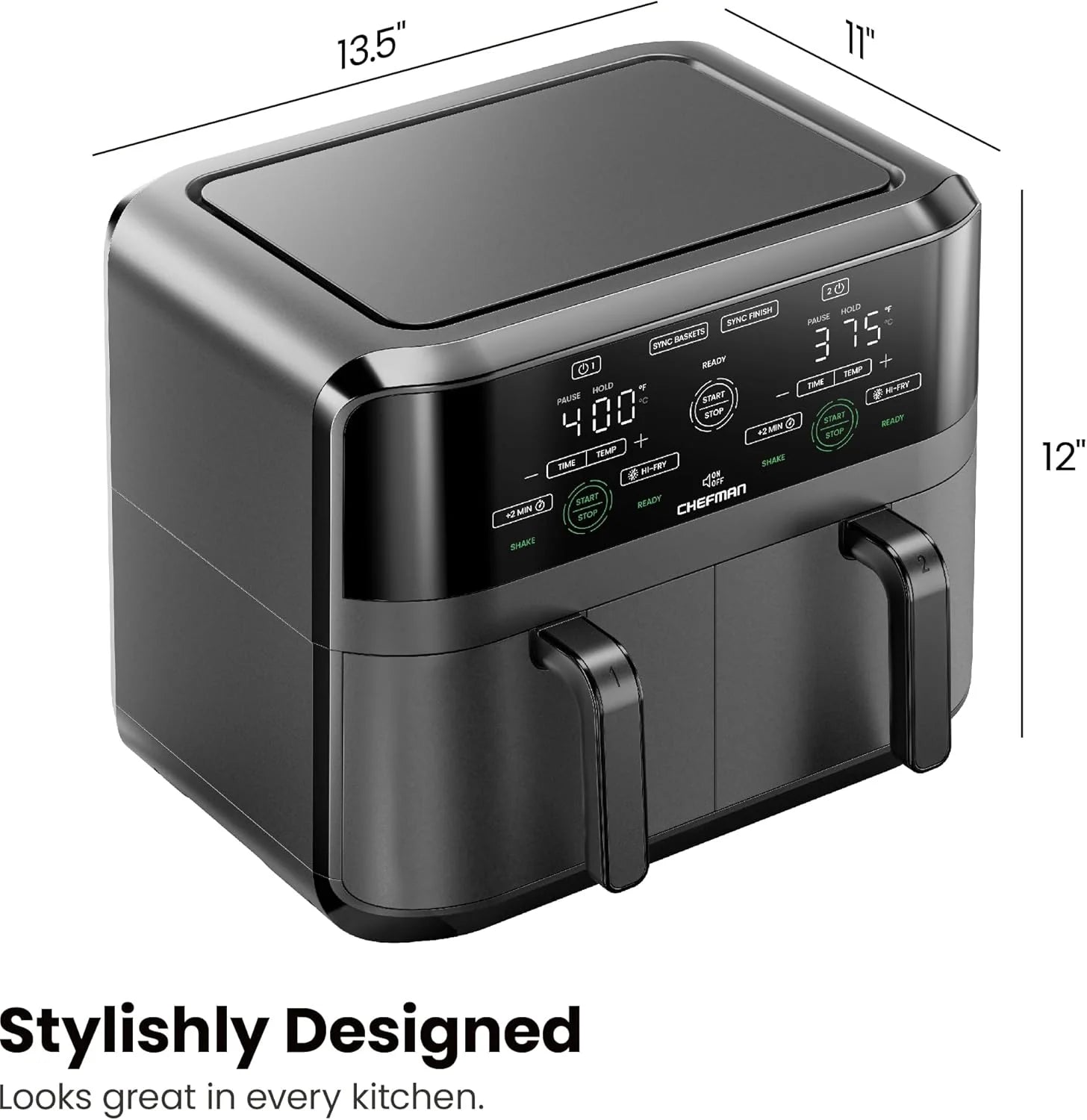 Chefman 6 Quart Dual Basket Air Fryer - Digital Touchscreen, Smart Sync Finish, Hi-Fry, Auto Shutoff, 2 Independent 3QT Nonstick Dishwasher-Safe Frying Baskets - Digital Double Air Fryer - Black