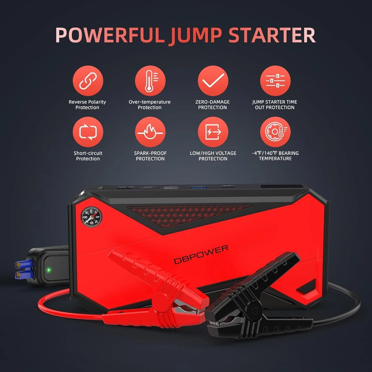 DBPOWER Red 800A Peak 18000mAh Portable Car Jump Starter Battery Booster with LCD Screen