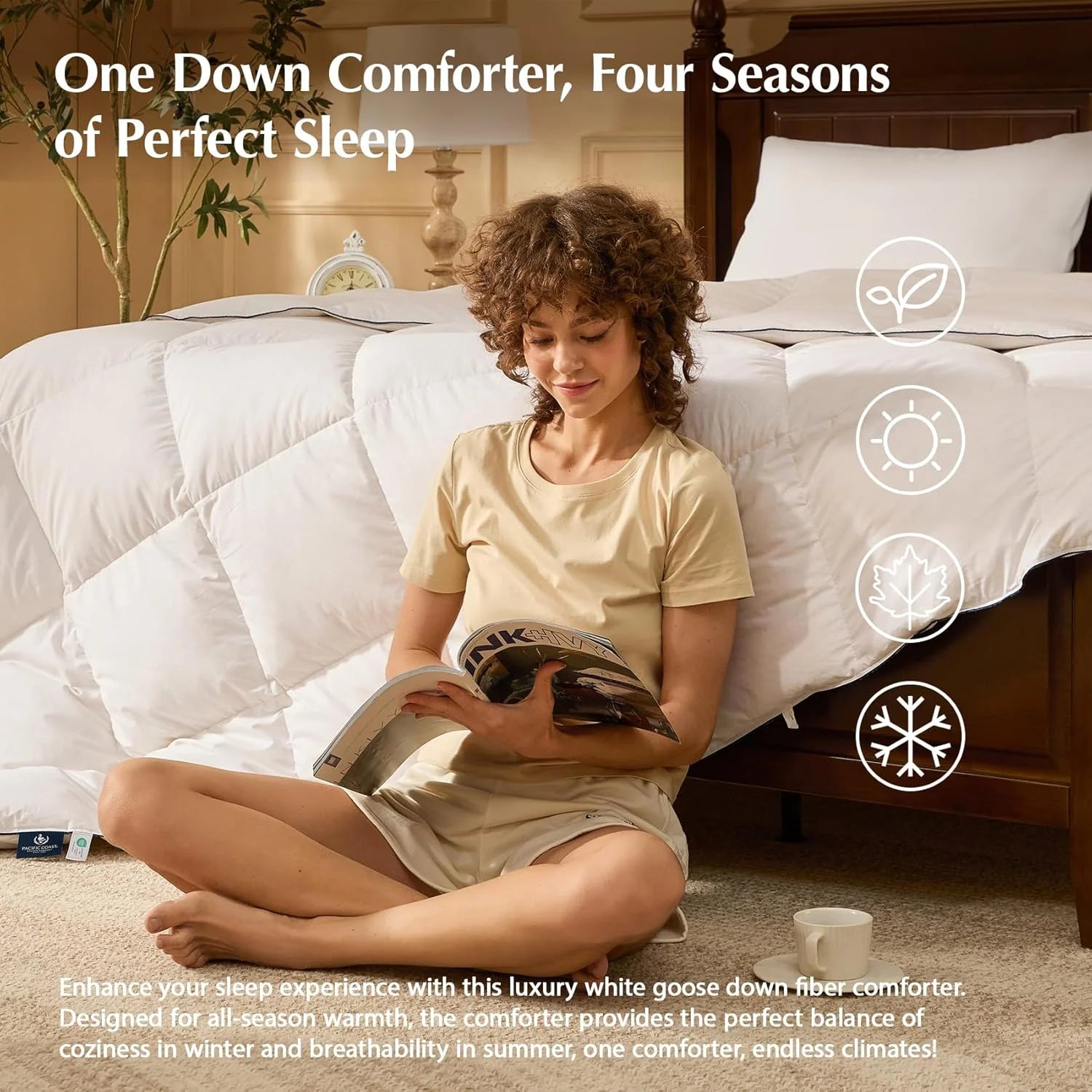 PACIFIC COAST Goose Feather Down Comforters Queen Size, 100% Cotton Extra Fluffy White Duvet Insert, Soft, Breathable, All Season Hotel Luxury Bedding Comforters, 8 Corner & Center Loops (90x90)