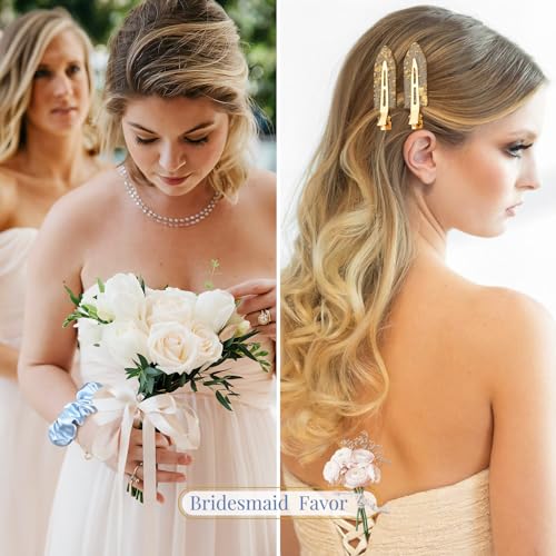 12 PCS Silk Satin Soft Blue Hair Accessories - Bridesmaid Proposal Favors with Hair Clips, Scrunchies, and Bridal Shower Gifts for Women and Girls