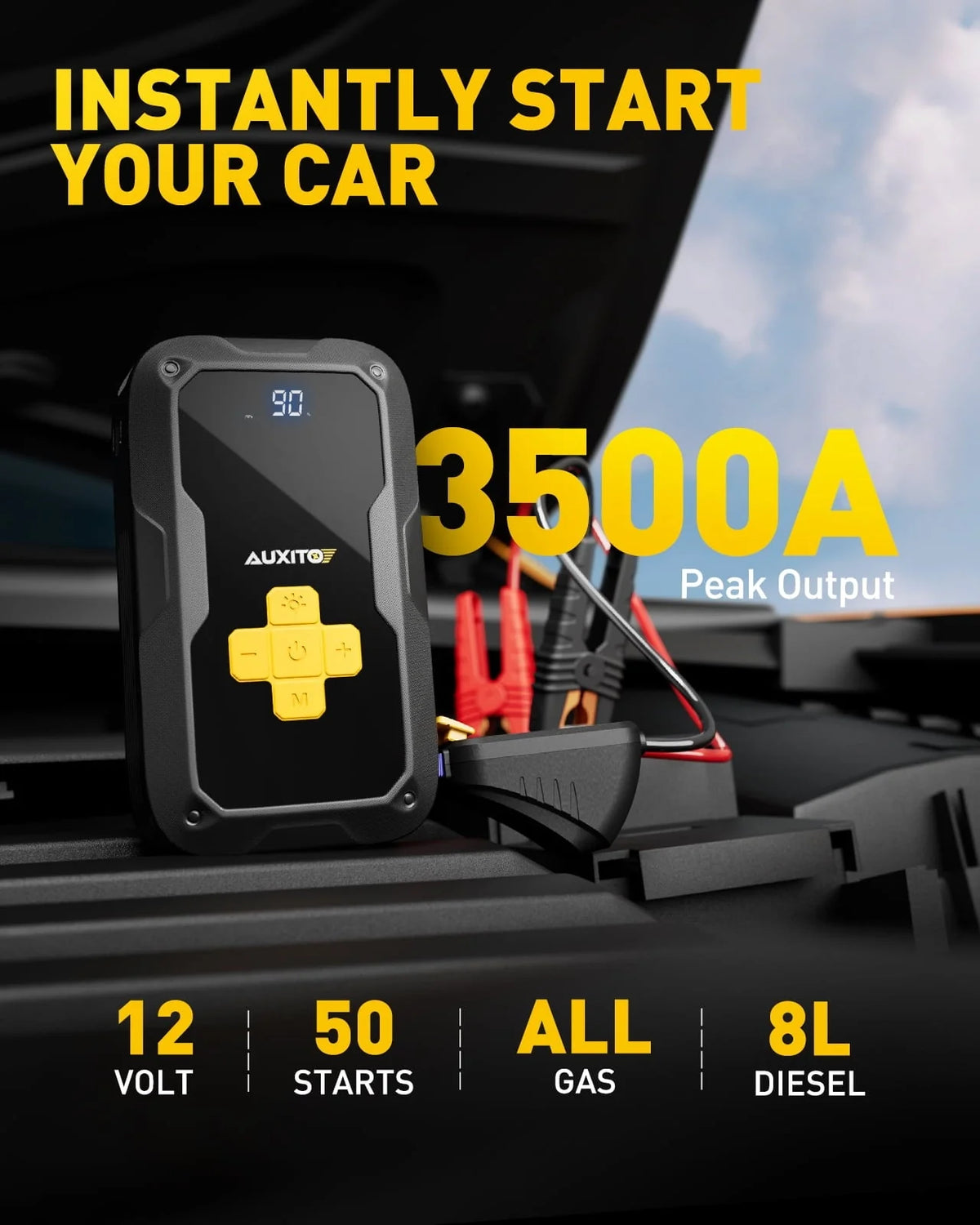 AUXITO Car Jump Starter with Air Compressor, 3500A 12V Portable Battery Jump Starter Box for All Gas or up to 8.0L Diesel with 120PSI Digital Tire Inflator, LED Light, USB Quick Charge
