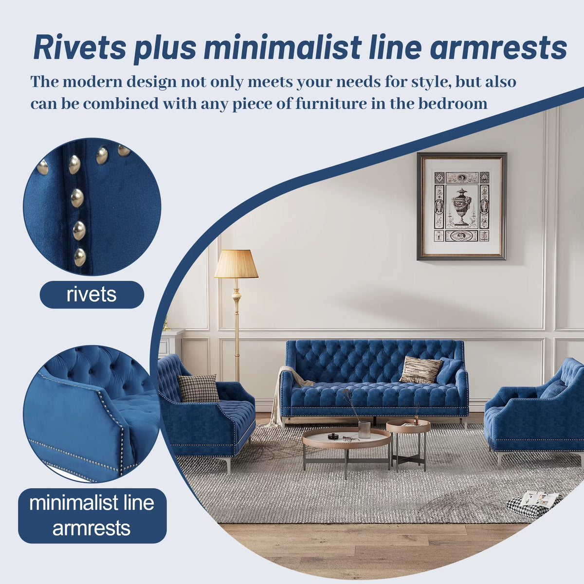 78 Modern Sofa Dutch Plush Upholstered Sofa with Metal Legs, Button Tufted Back Blue