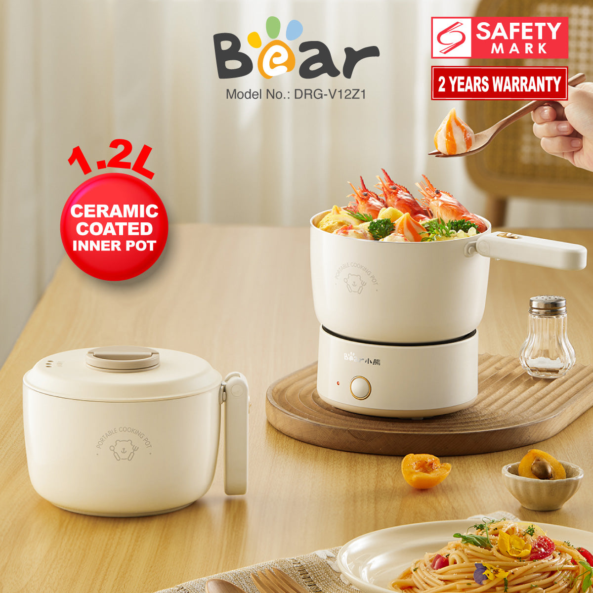 Bear 1.2 Travel Cooker, Travel Pot, Travel jug, Multi Cooker, Mini Steamboat with Ceramic coated inner pot (DRG-V12Z1)