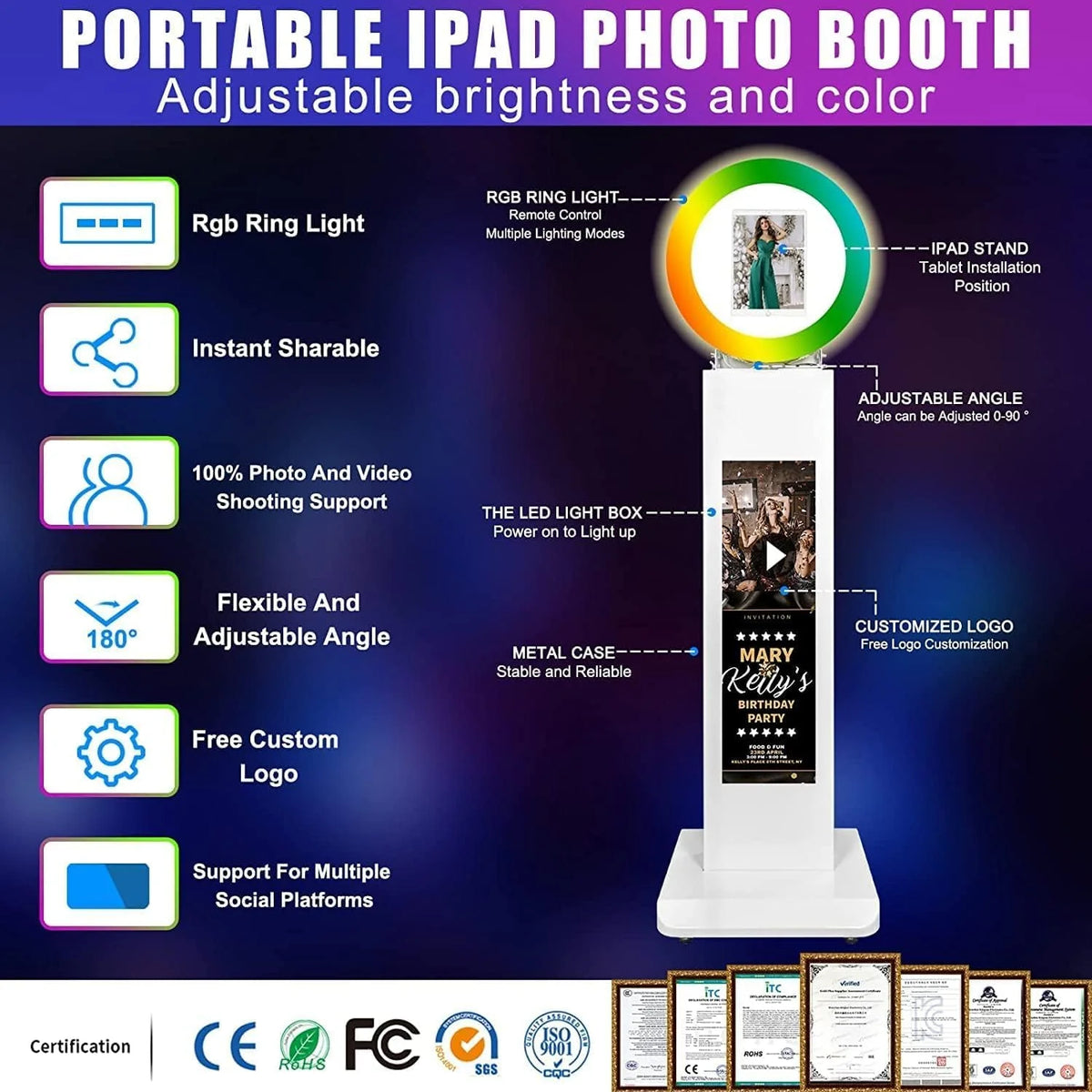 Portable iPad Photo Booth,Selfie photobooth Machine and Sharing Station for 10.2 10.9 11 12.9 iPad,LCD Screen,RGB Ring Light,Remote Control, Adjustable Stan with Flight Case for Parties,Exhibition