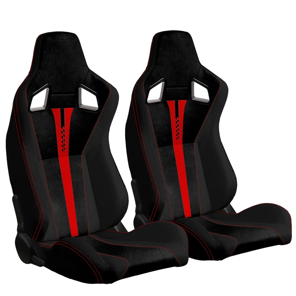 Zateety 2PC New Universal Bucket Racing Seats Red Stitch Red PVC Leather Reclinable Carbon Look Leather Back With Adjustor Slider(Not Including Seat Bracket ) 1 box of 2 pieces