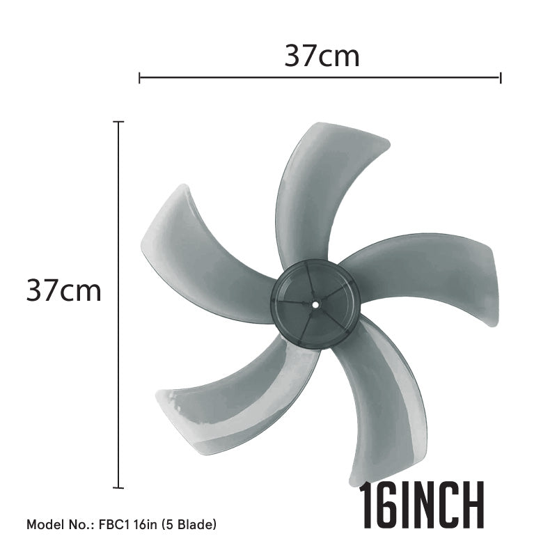 Fan Blade Replacement – 16” Fan Blade, 5 Blades, for Desk / Stand / Wall Fan, ABS material, colourless & transparent, FBC165B (Grey)