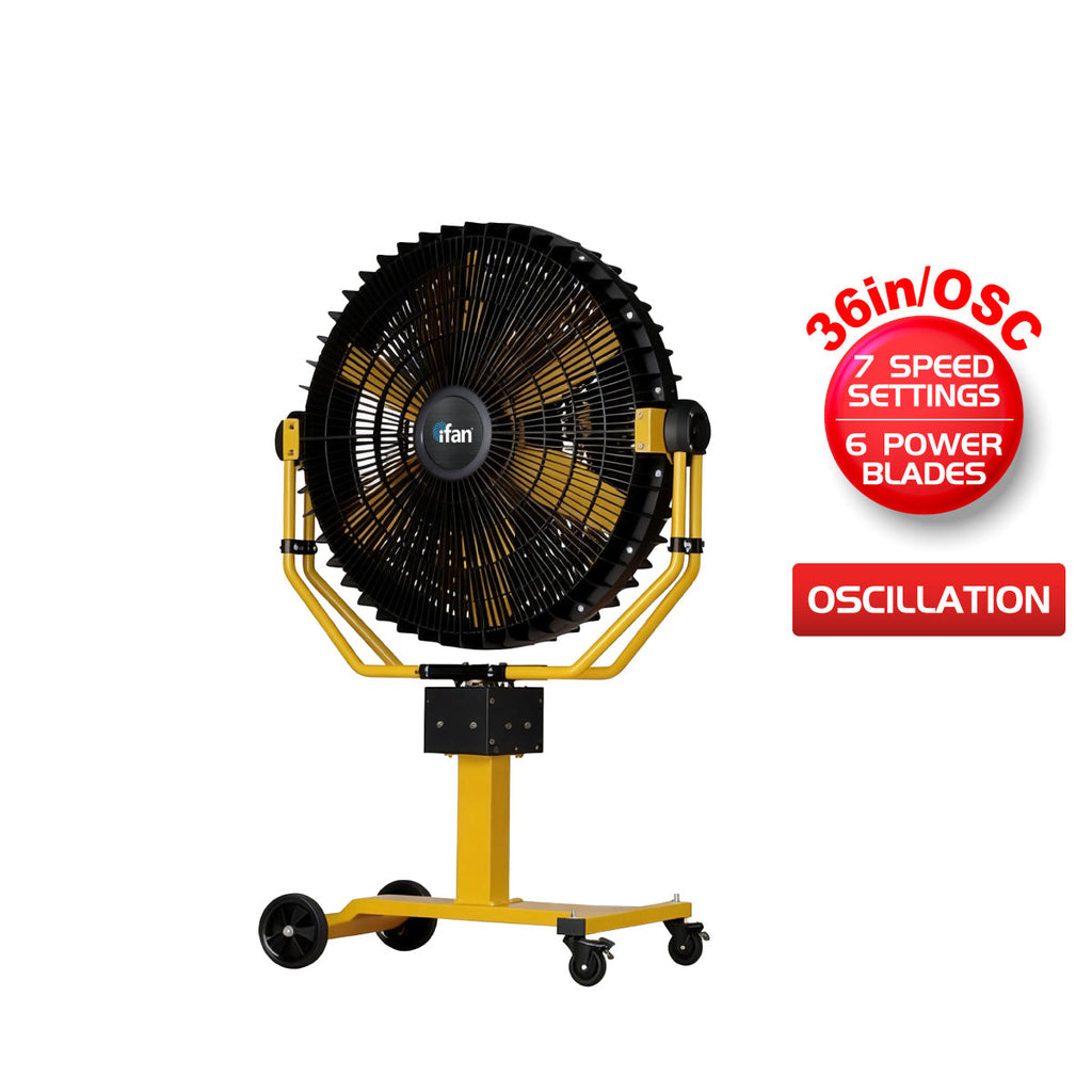 iFan 36” Big Industrial Drum Fan with Oscillation - Powerful, Direct-drive Motor, 6 Blades, Portable, Wheels, IF3688