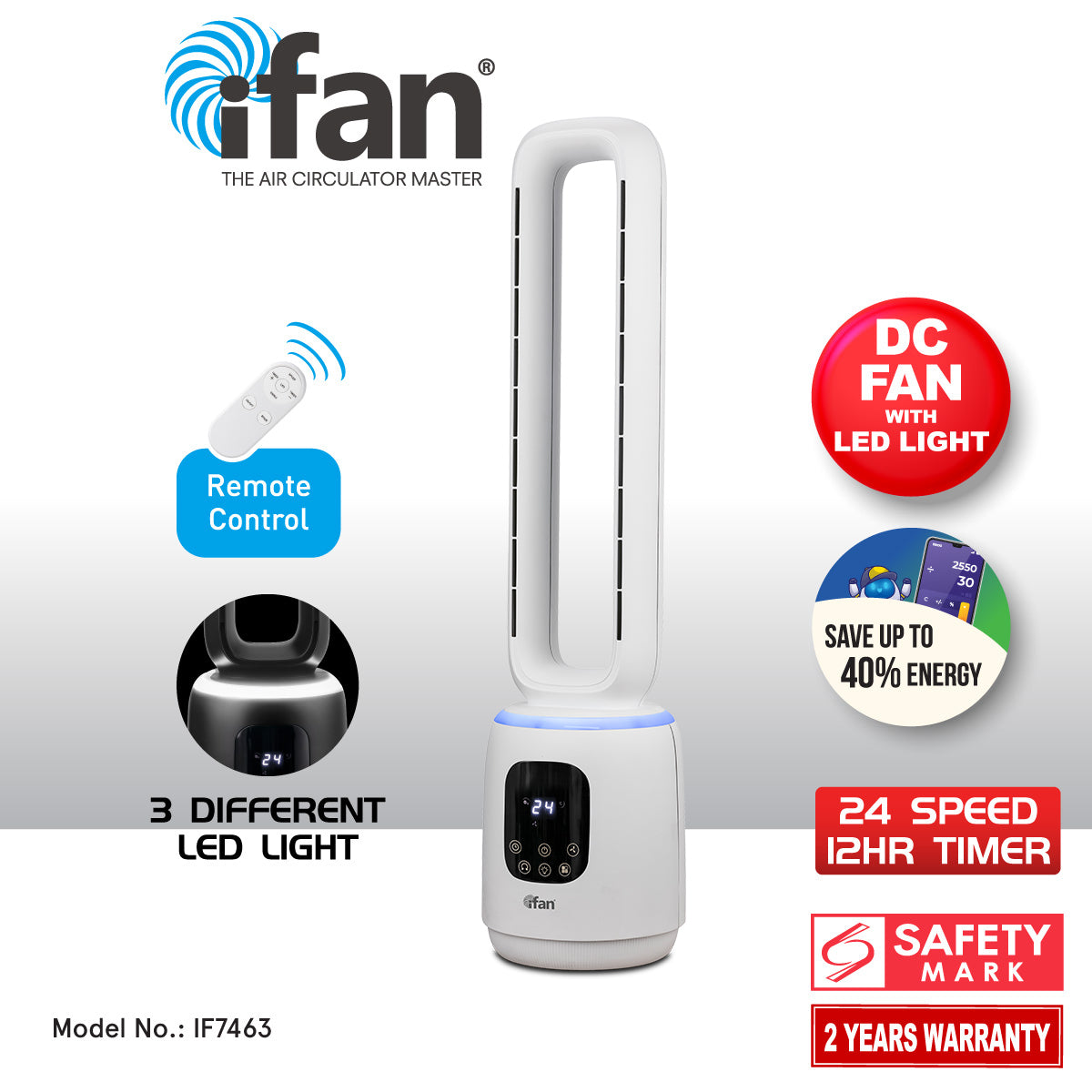 [CLIMATE VOUCHER $400] iFan DC Bladeless Tower Fan – Remote Control, Oscillation, Timer, LED Lamp, Touch-screen, 3 Modes, 24-Speed, IF7463