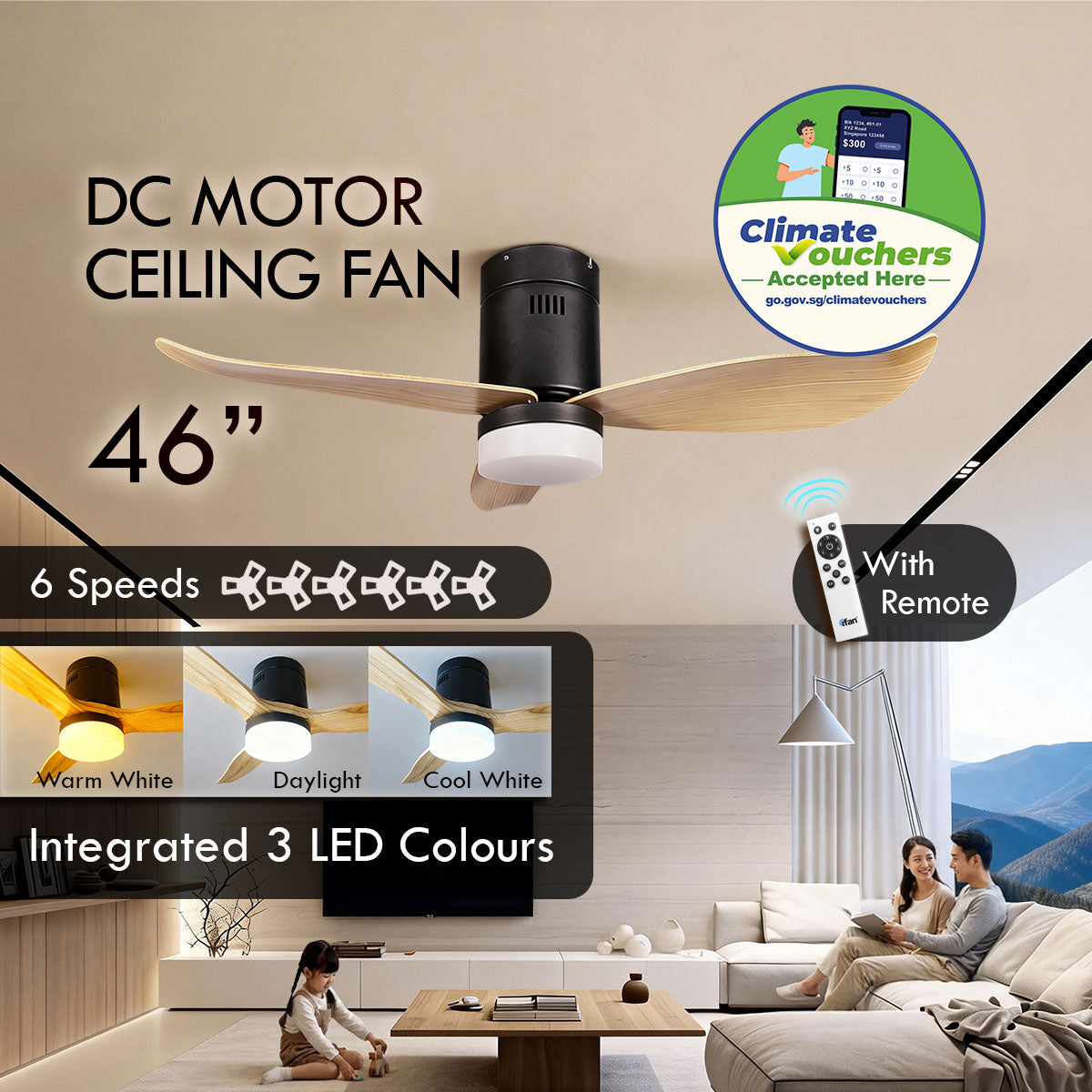 [CLIMATE VOUCHER $400] iFan 46in DC Motor Ceiling Fan | Integrated 3-Colour LED Lights | 6 Speed Selection (IF8346DGWD)