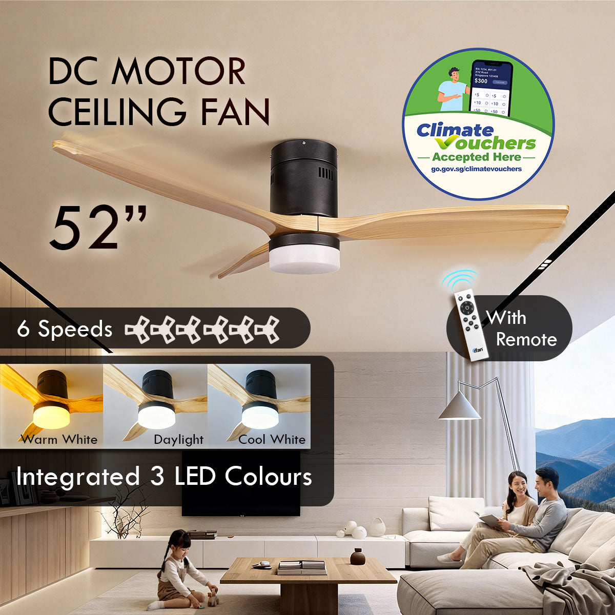[CLIMATE VOUCHER $400] iFan 52in DC Motor Ceiling Fan | Integrated 3-Colour LED Lights | 6 Speed Selection (IF8352LGWH)