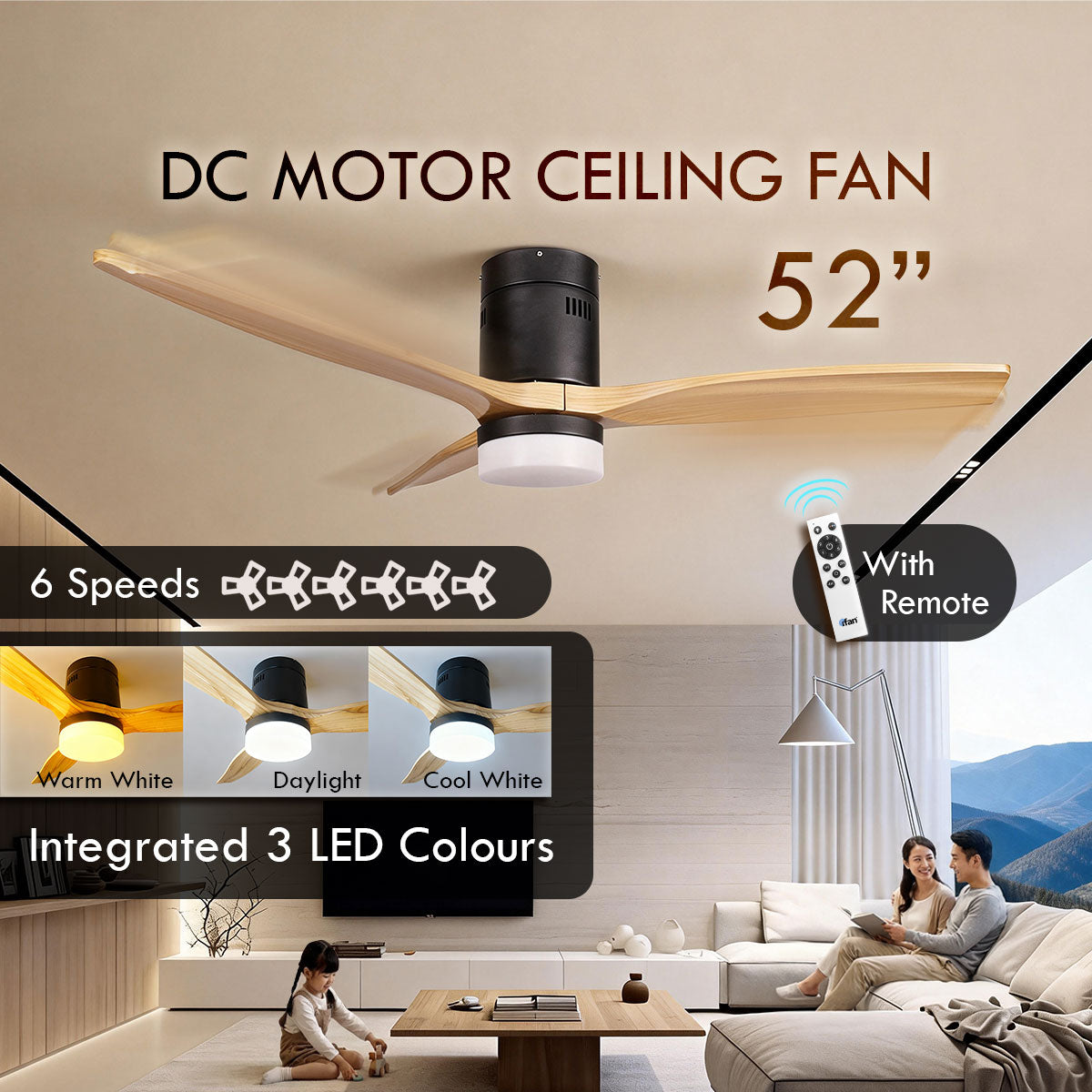 [CLIMATE VOUCHER $400] iFan 52in DC Motor Ceiling Fan | Integrated 3-Colour LED Lights | 6 Speed Selection (IF8352LGWH)