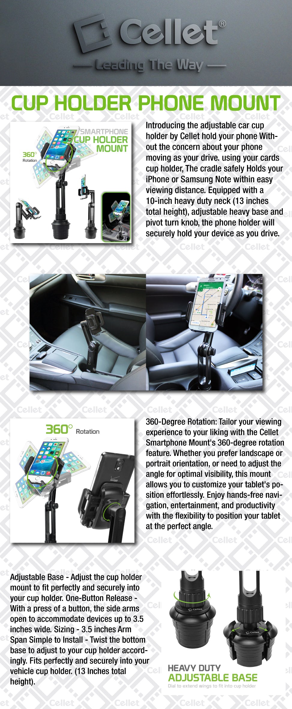 PH650_HTC - Cellet Car Cup Mount Holder Compatible with HTC 10, Bolt, U Ultra, U11, U11 Life, U12+, Huawei Honor 8, Honor View10, Mate 10, Mate 10 Pro, Mate 9, Nexus 6P, P10, P9