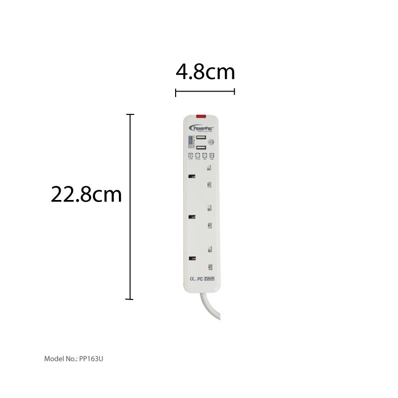 Extension Cord, Extension Socket, Power Cord 2 Metre 3 way with 2X USB Charger (PP163U)